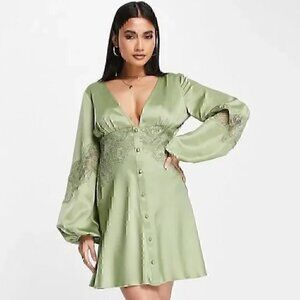 NWT Asos satin mini dress delicate lace detail Long Sleeve Satin US 12 /UK 16